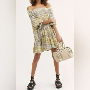 Free people See Ya There boho flowy open shoulder long sleeve graphic mini dress
